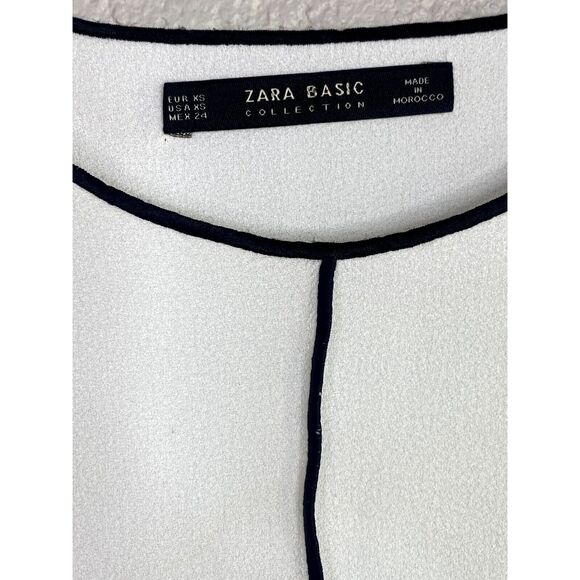 Zara Short Sleeve Trim Contrast Blouse Side Slits Lightweight XS White Black - Picture 9 of 14